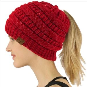CC Hi Ponytail Beanie Soft Stretch Cable Knit Red NWOT